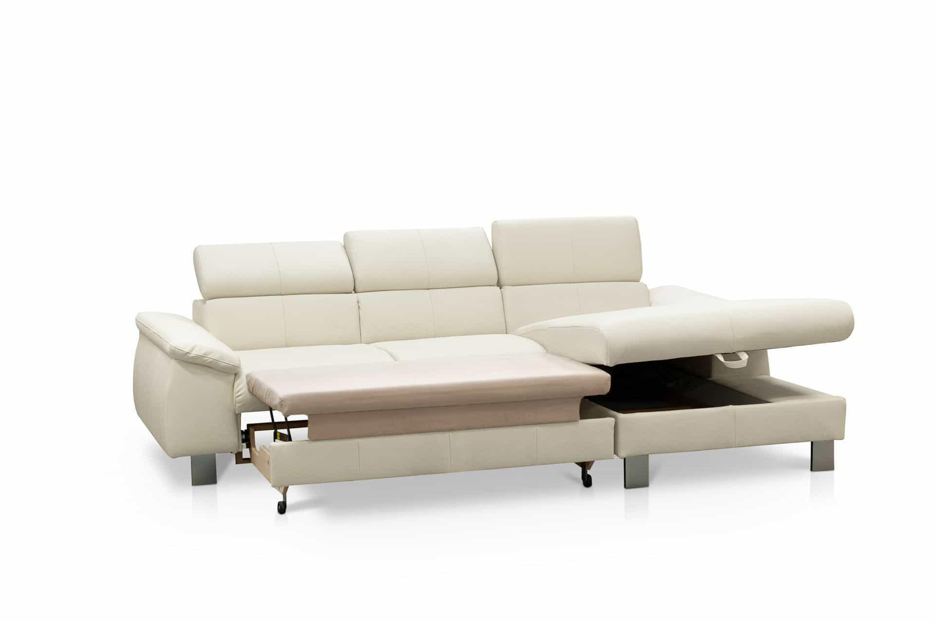 ECKSCHLAFSOFA mit Echtlederbezug, Schlaffunktion & Bettkasten - Chromfarben/Eiche Bianco, Leder/Holz (166/244cm) - Cotta