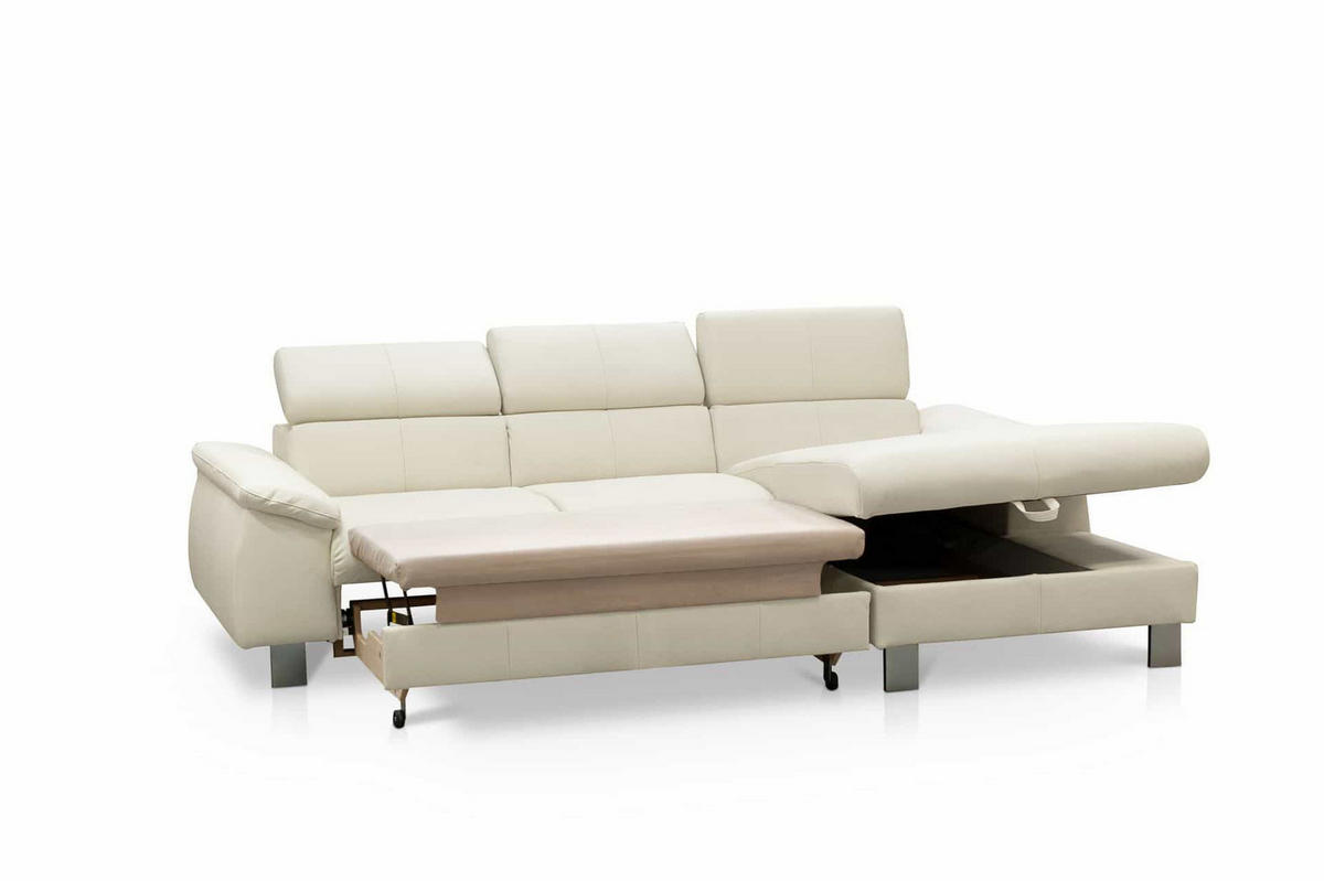 ECKSCHLAFSOFA mit Echtlederbezug, Schlaffunktion & Bettkasten - Chromfarben/Eiche Bianco, Leder/Holz (166/244cm) - Cotta