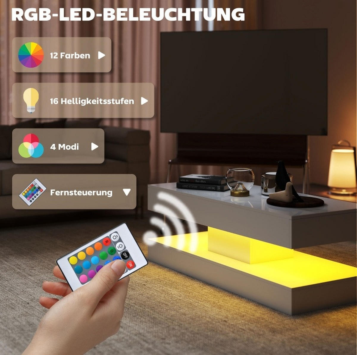 COUCHTISCH 120/50/42 cm weiß aus Spanplatte mit LED-Licht - Weiß, Holz (120/50/42cm) - OKMYHOME