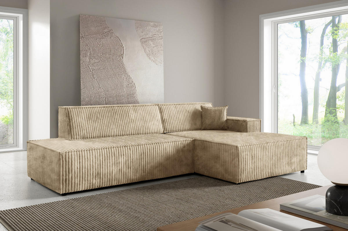 ECKSOFA TESSO R-S Beige Kordstoff mit Schlaffunktion - Beige, Holz (247/170cm) - MASSENO