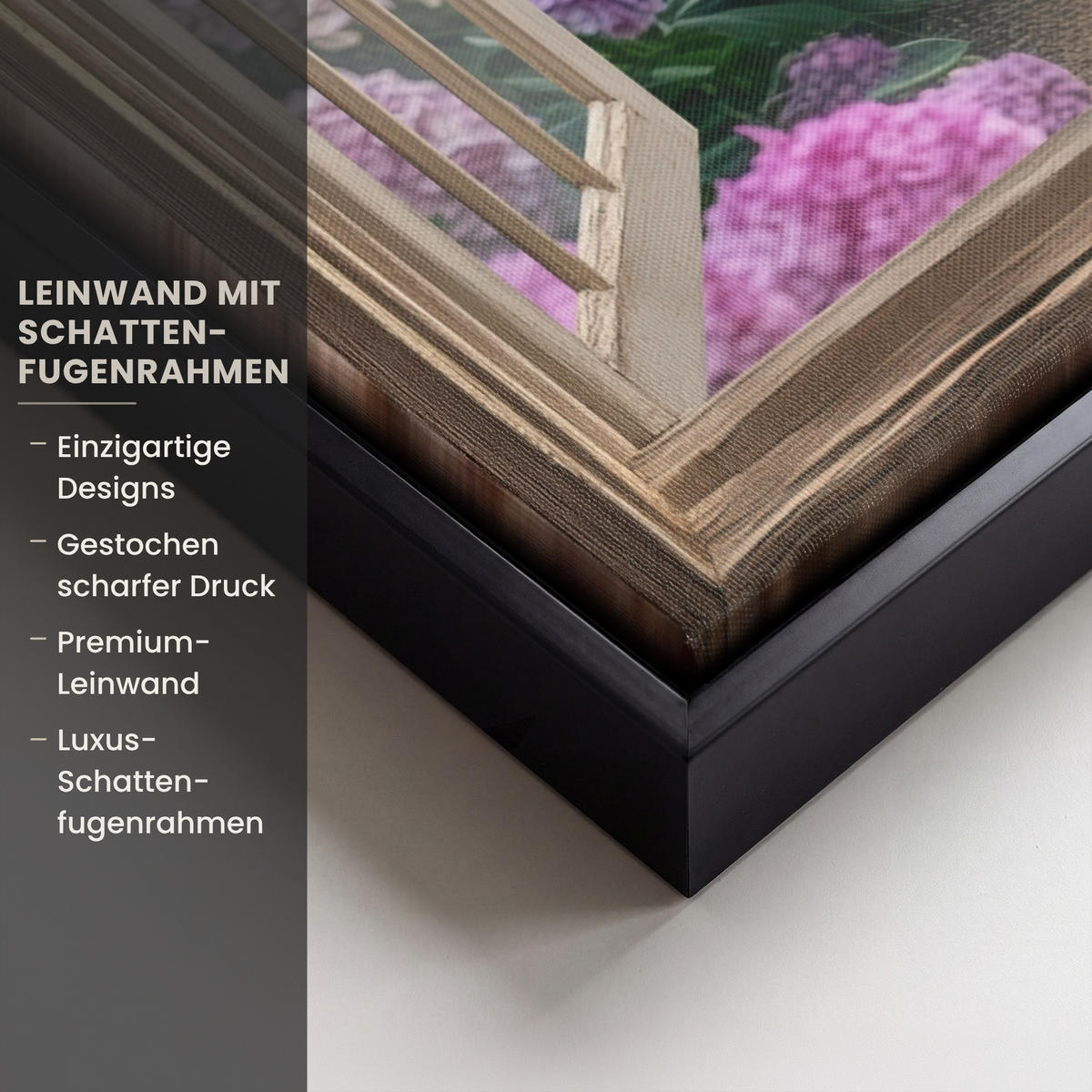 LEINWAND Bilder mit Rahmen - Aussicht - Garten - Fenster - Hortensie - Blumen - 50x70 - Pastellblau, Textil (50/70cm) - MuchoWow