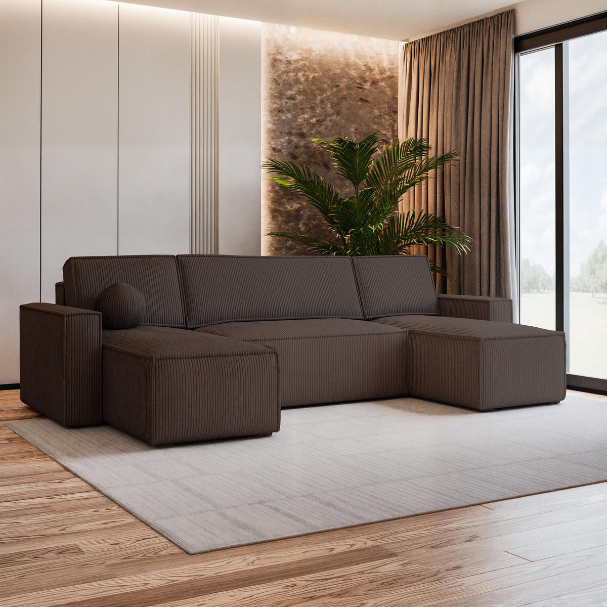 WOHNLANDSCHAFT PESANO P Braun Kordstoff mit Schlaffunktion - Braun, Holz (306/85/140cm) - MASSENO