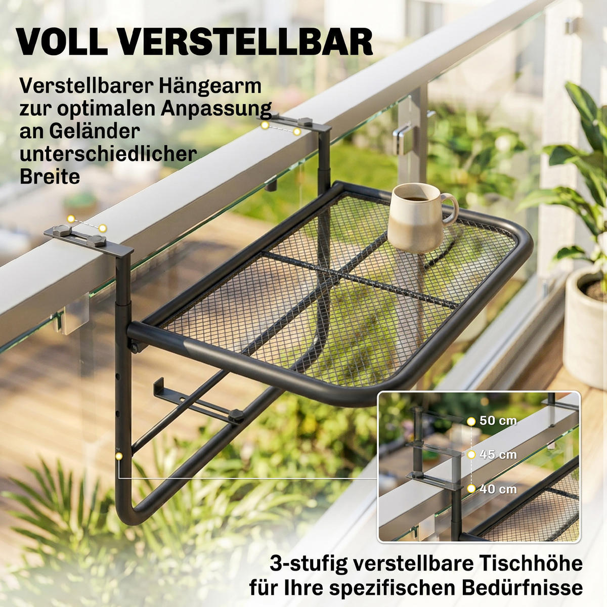 BALKONHÄNGETISCH, Schwarz, Metall - Schwarz, Metall (60/56/50cm) - Outsunny