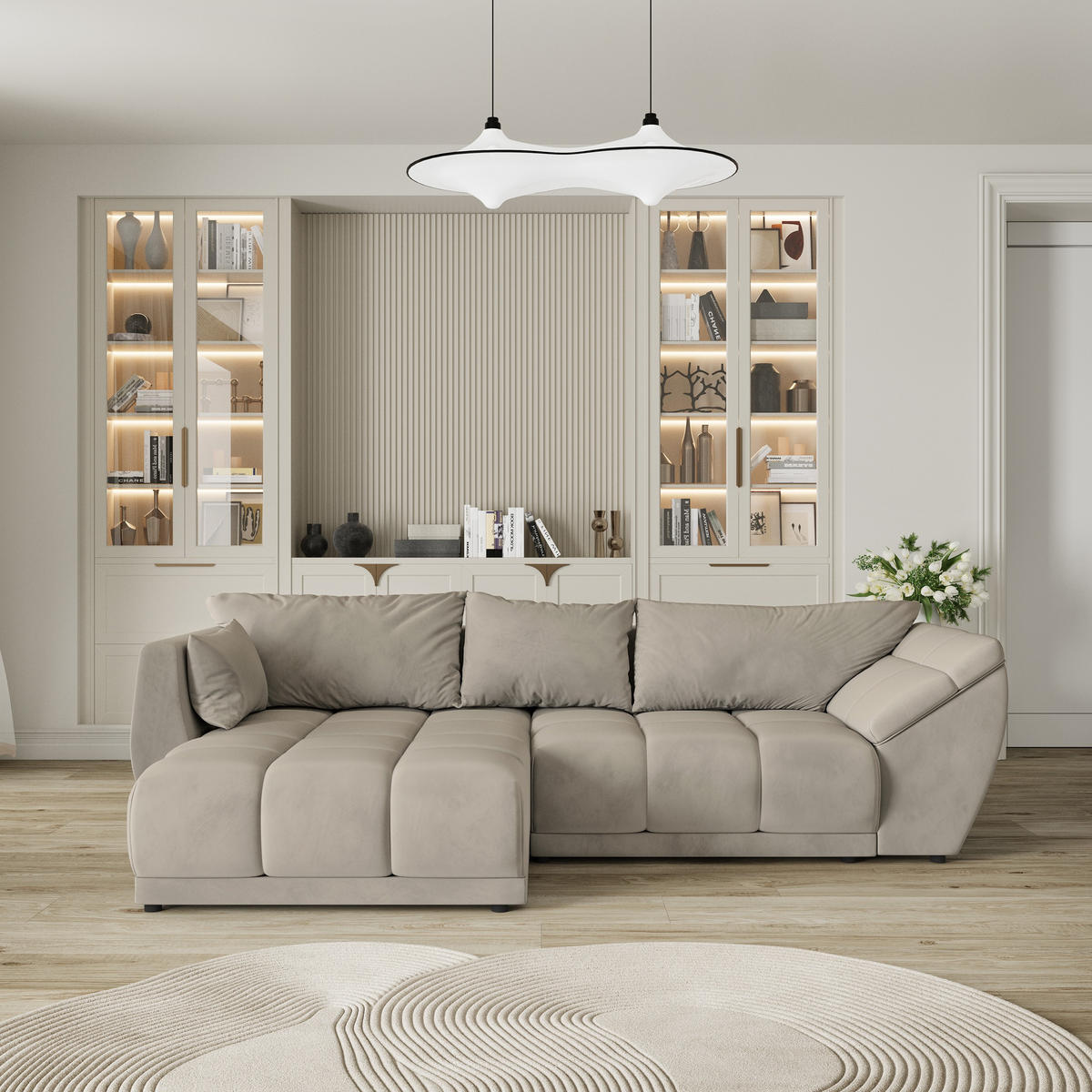 ECKSOFA ORENTI L-S Beige Velours-Stoff mit Schlaffunktion - Beige, Holz (287/182cm) - MASSENO
