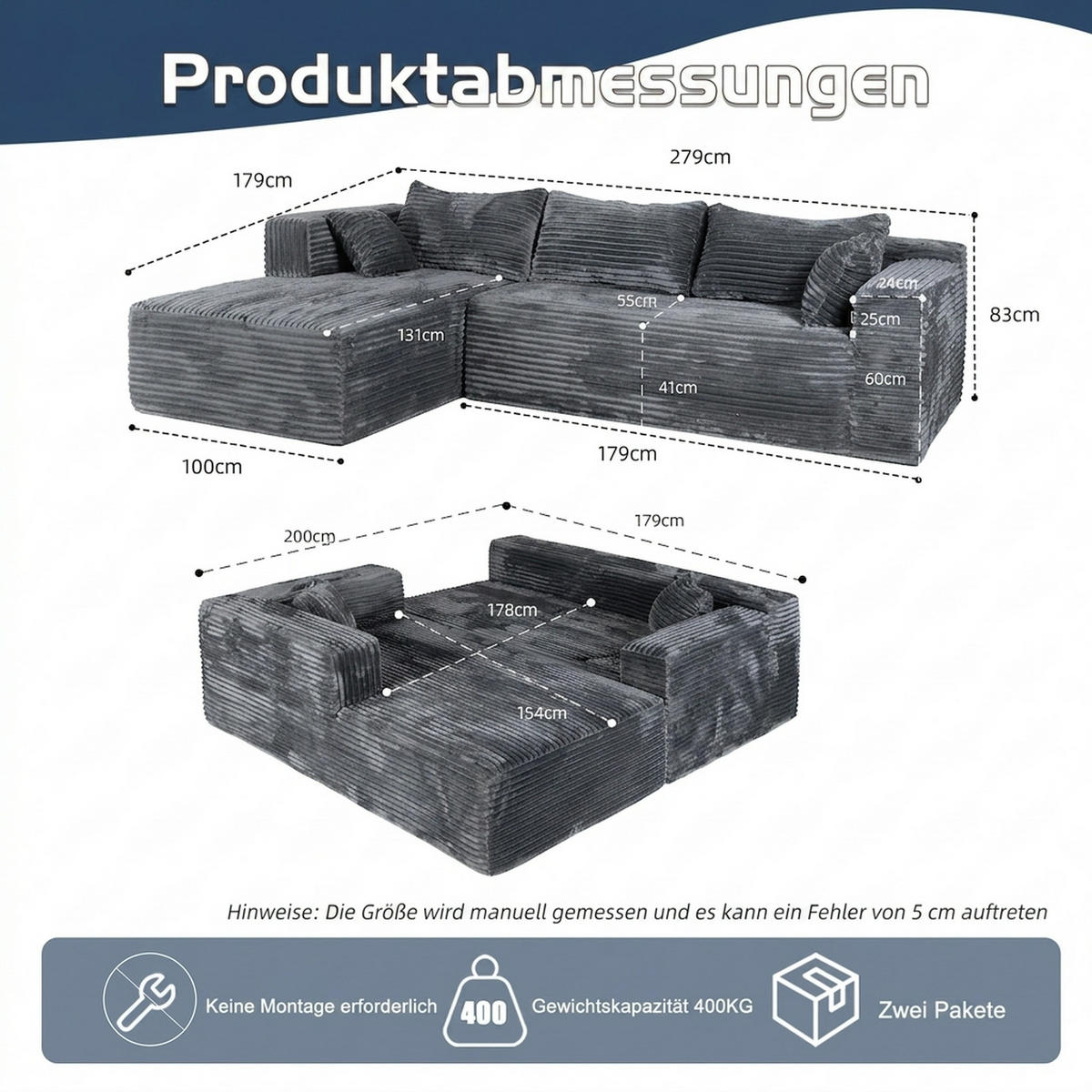 ECKSOFA 279/179/83 cm Blau Cord mit Chaiselongue - Blau, Textil (179/83/279cm) - Oxeza