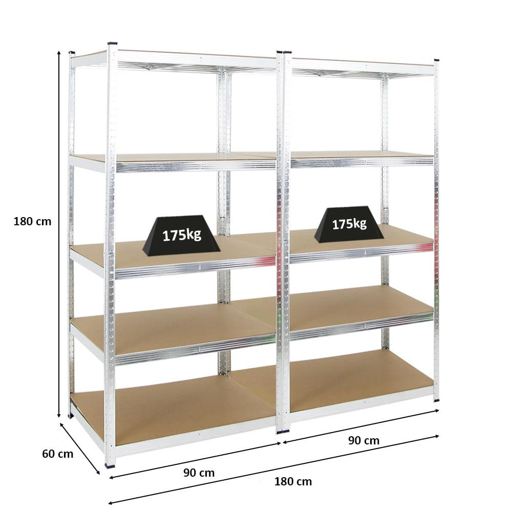 SCHWERLASTREGAL Ragnar 2er-Set mit 2x 180x90x60 cm Fachlast 175 kg Verzinkt - Silberfarben, Metall (180/180/60cm) - PROREGAL