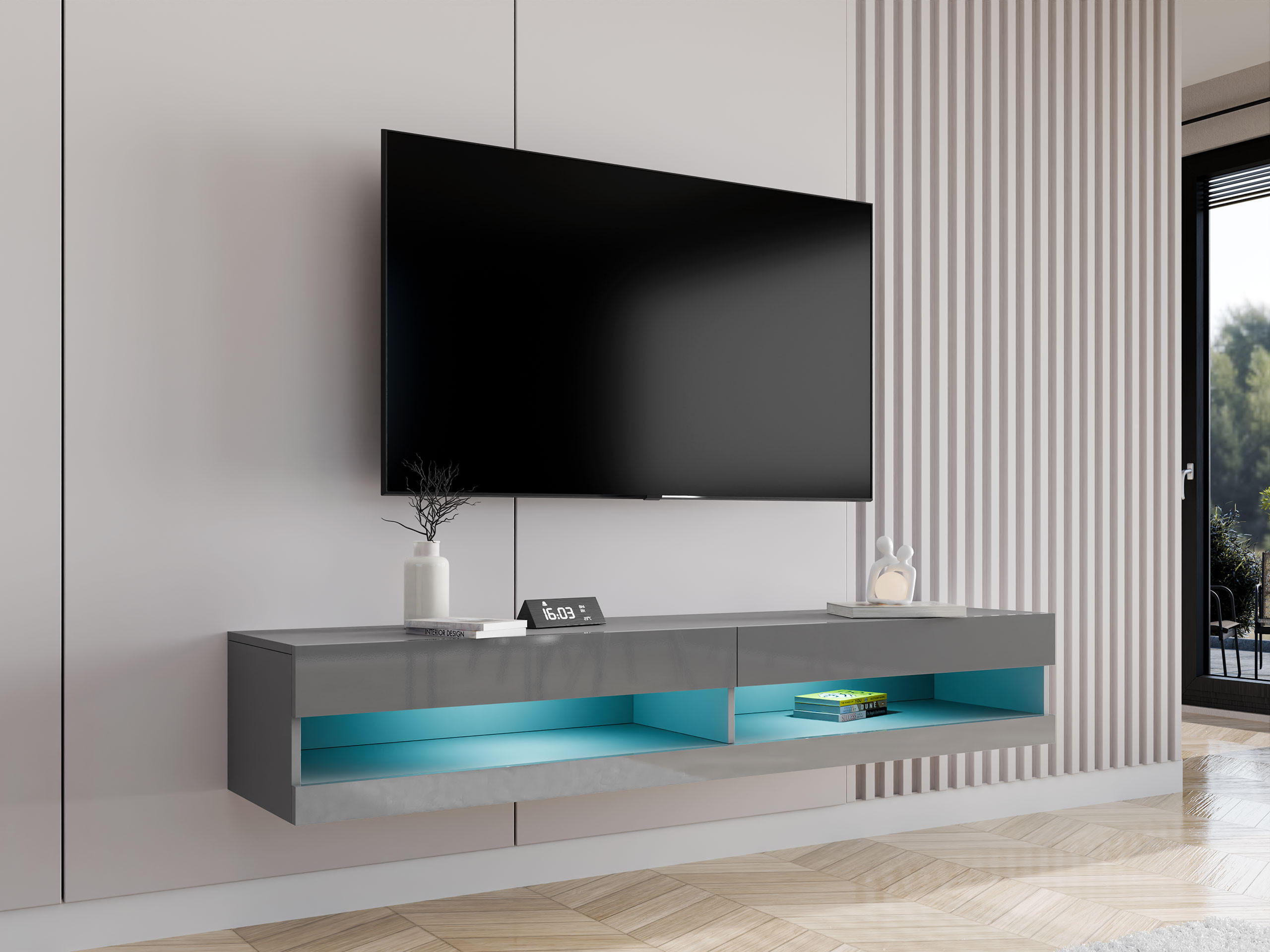 TV-LOWBOARD Vigo New 180 mit weißer LED Beleuchtung - Grau, Holzwerkstoff (180/30/40cm) - MIRJAN24