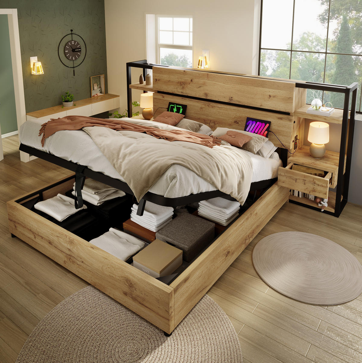 ČALOUNĚNÁ postel z MDF a kovu, 180/200 cm dubová, s úložným prostorem a USB/Type-C - barva dubu, kompozitní dřevo (180/200cm) - BEAOK