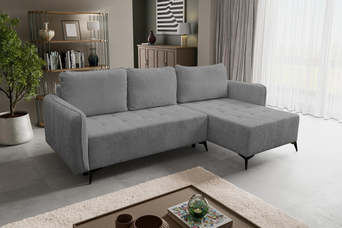 ECKSOFA Lucky in L-Form mit Schlaffunktion und Bettkasten, Farbe: Dunkelgrau, Strukturstoff, Ottomane Links oder Rechts - Dunkelgrau, Textil (275/160cm) - VENASI MÖBEL