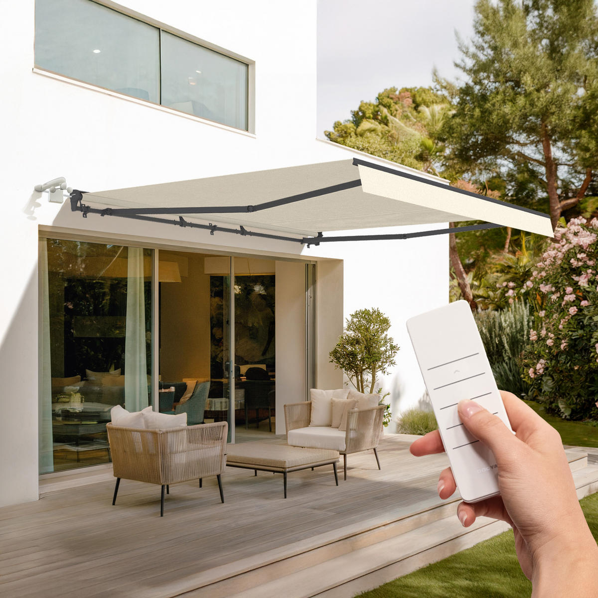 HALBKASSETTENMARKISE Fazzio Beige 4m x 3m motorisierte - Premium-Leinwand 320g/m² - Beige, Metall (400/270/300cm) - Cazeboo