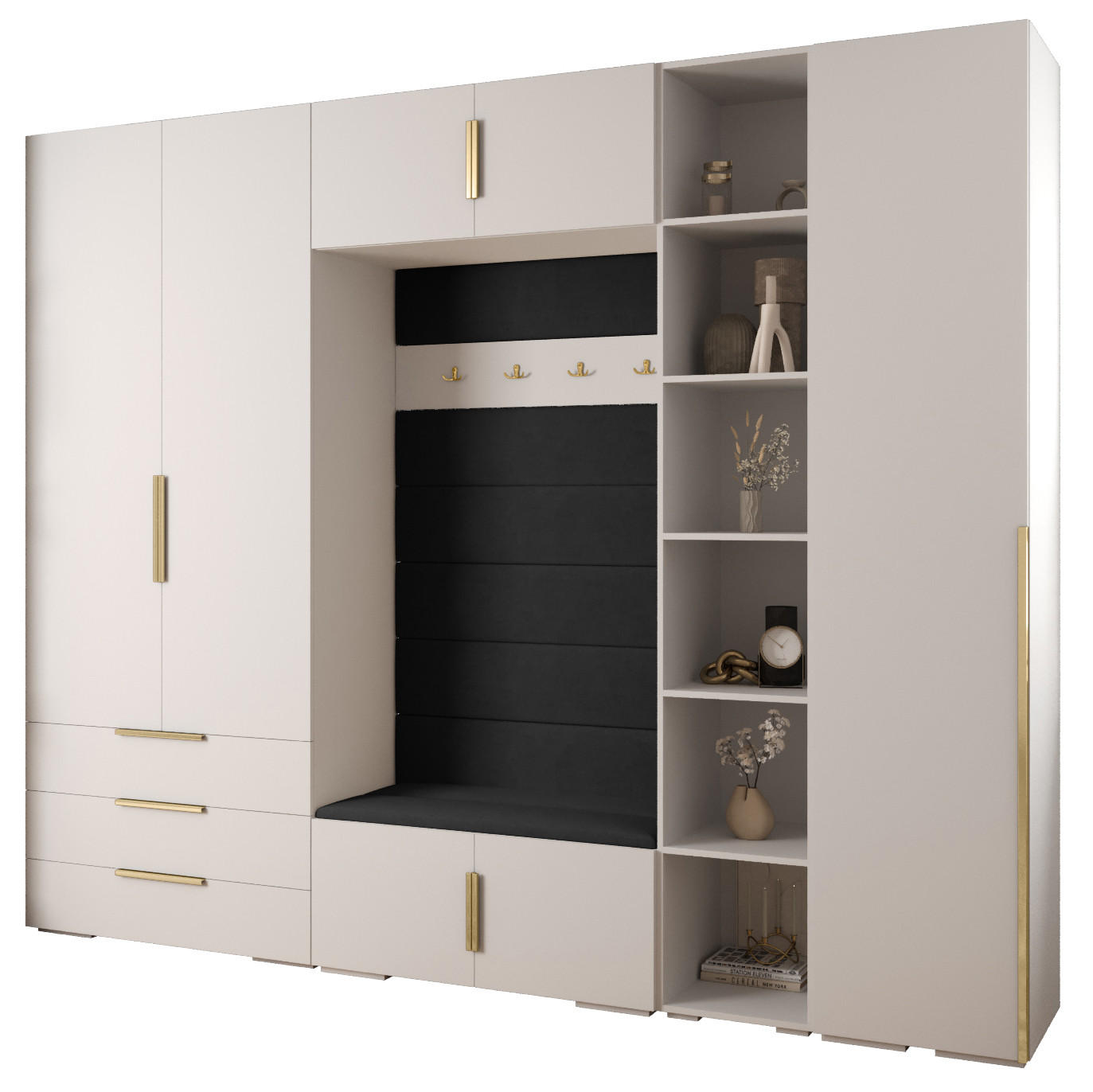Abiks Möbel Garderoben-Set Weiß, Schwarz, Gold 290x236.7x47 cm