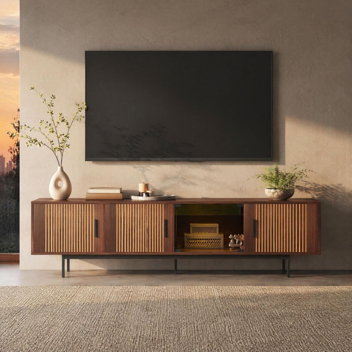 LOWBOARD in Walnussfarben TV-Schrank mit LED und geschnitzter Textur für Wohnzimmer, B200/T35/H53 cm - Walnussfarben/Schwarz, Glas/Holzwerkstoff (200/53/35cm) - STILVORA