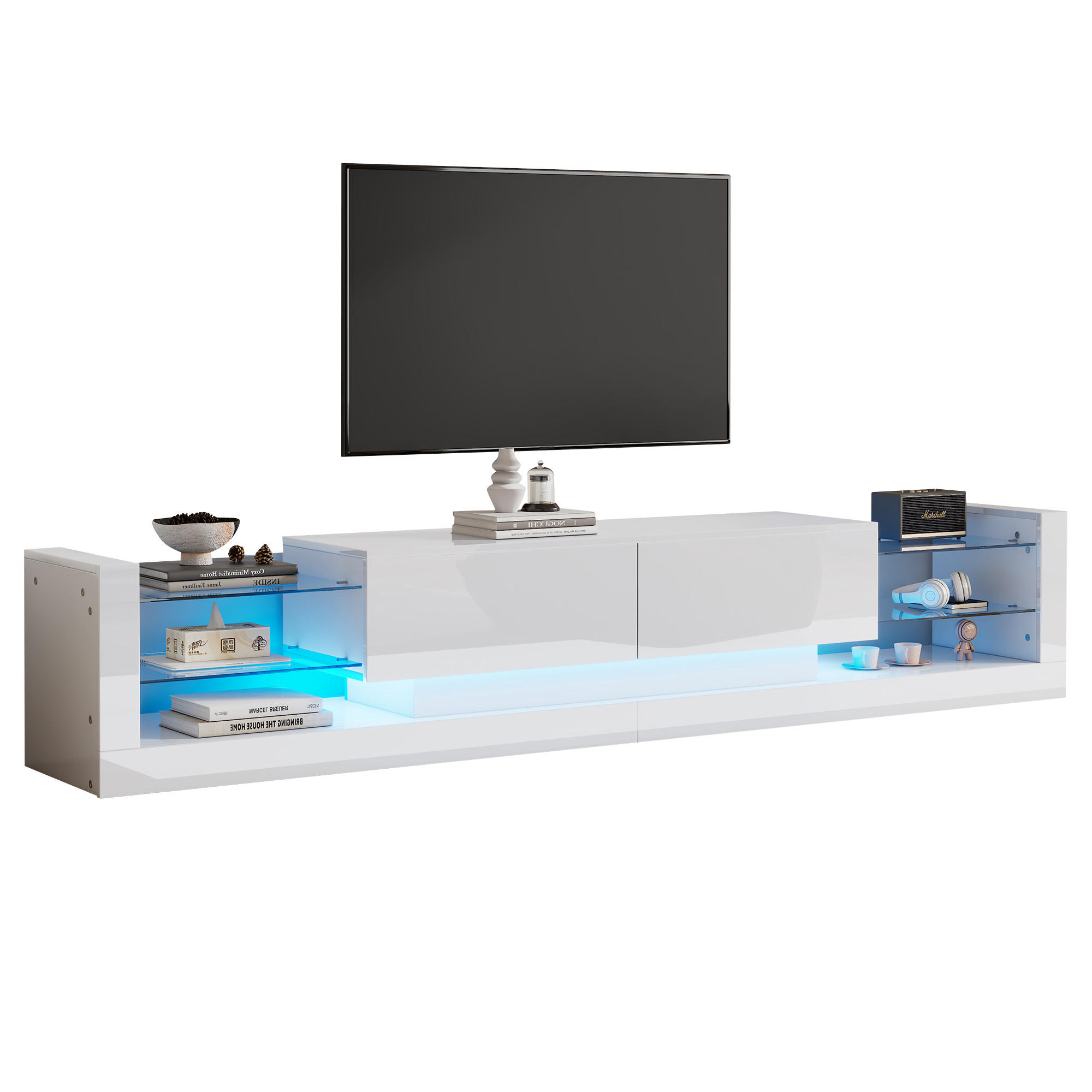 TV-SCHRANK 181/38/38 cm weiß Spanplatte mit LED-Beleuchtung und zwei klappbaren Schubladen - Weiß, Holzwerkstoff (181/38/38cm) - OKWISH