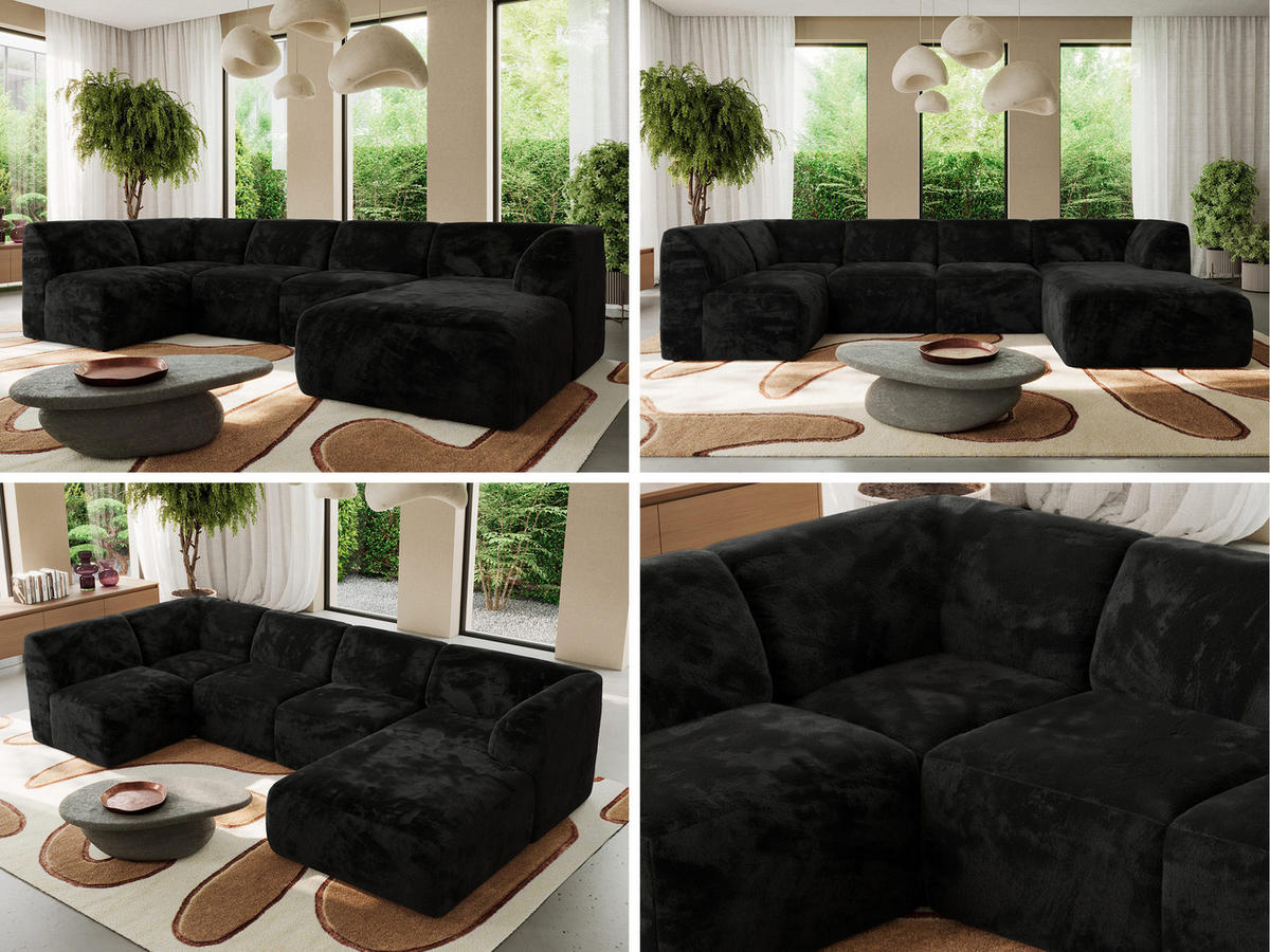 WOHNLANDSCHAFT MODARO U 5M - Schwarz Plüsch - Rechts - Schwarz, Textil (345/78/180cm) - MKS