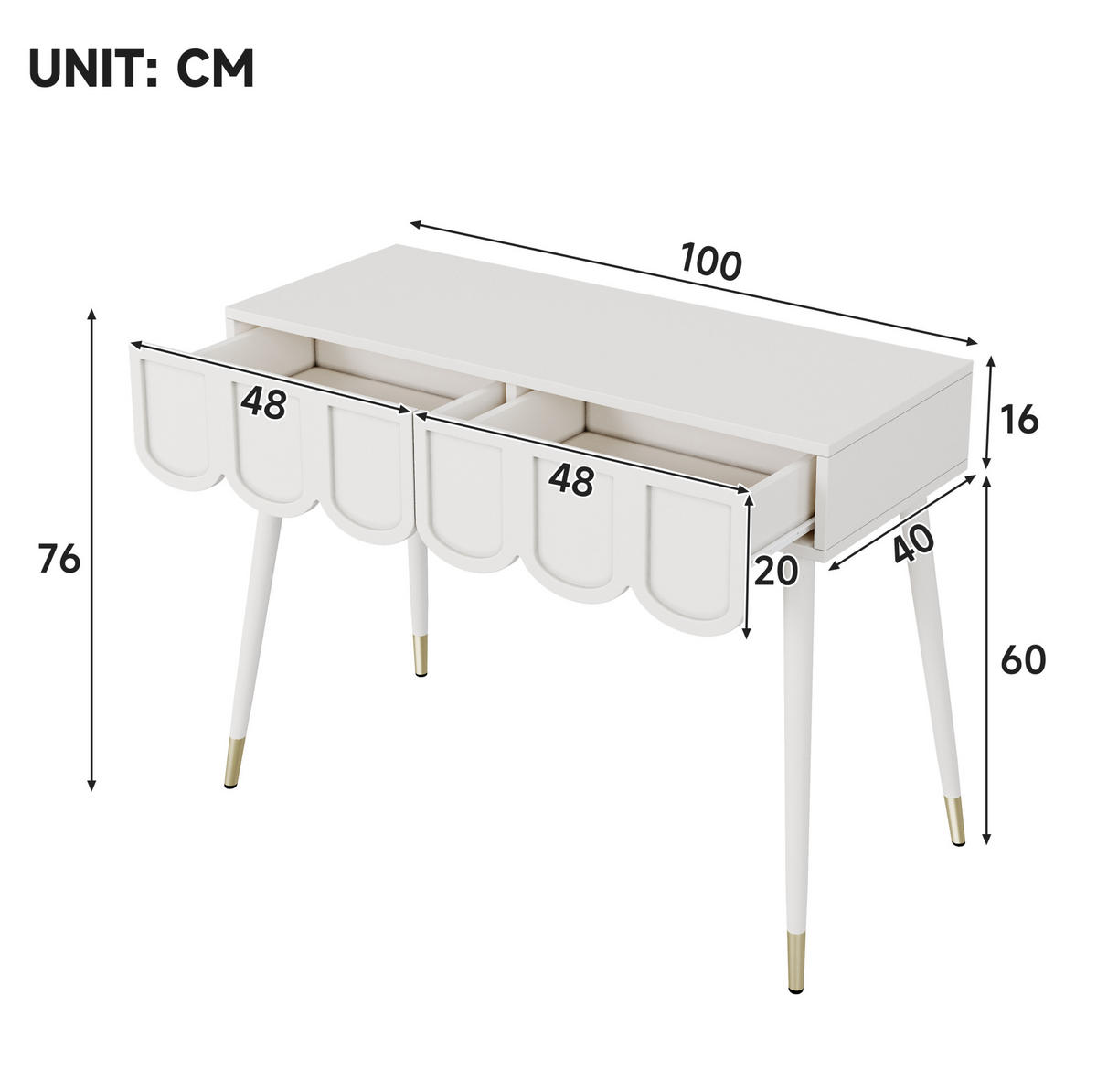 SCHMINKTISCH aus MDF und Spanplatte 100x40x76 cm Weiß mit 2 Schubladen und Metallfüßen, auch als Schreibtisch nutzbar - Weiß, Holzwerkstoff (100/76/40cm) - Modfu