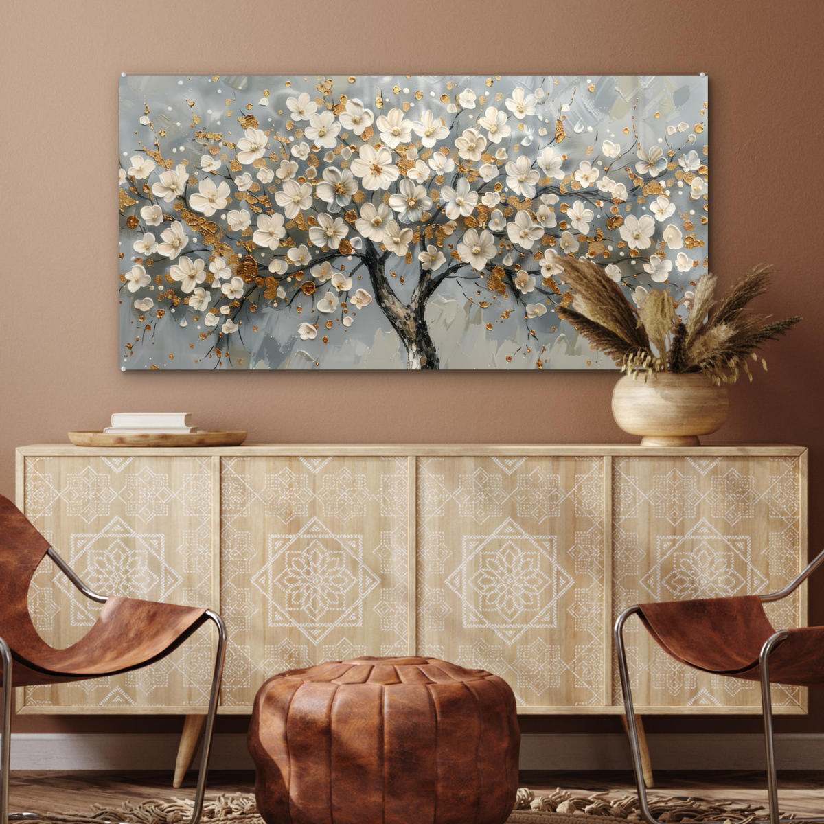 ACRYLGLASBILD Baum - Blumen - Weiß - Natur - Kunst 120x60 cm - Weiß, Glas (120/60cm) - MuchoWow
