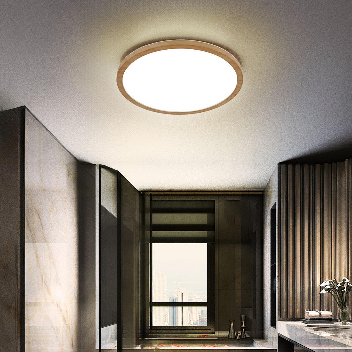 LED DECKENLEUCHTE Holzoptik Braun - Braun, Kunststoff (42/42/2.5cm) - Globo Lighting