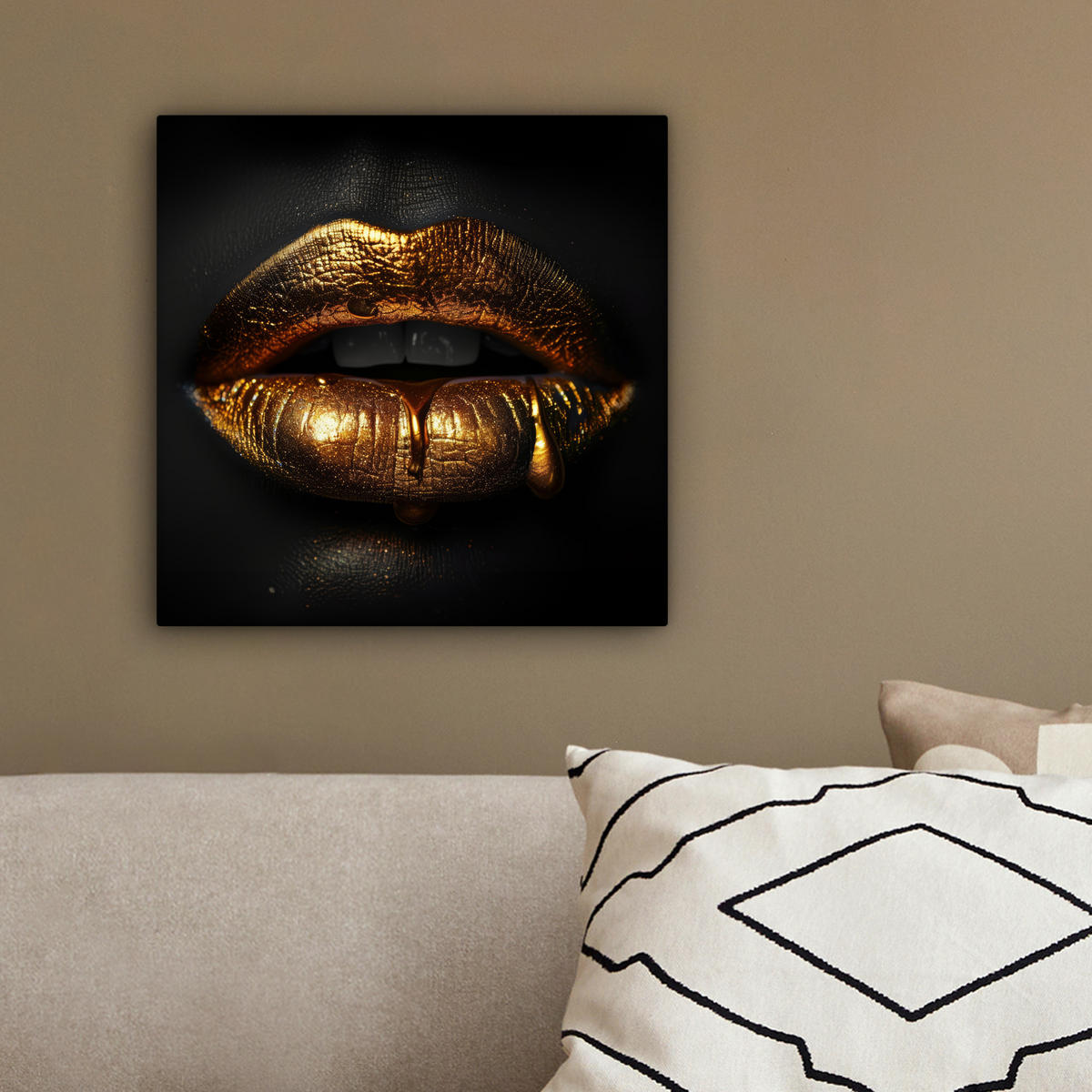 LEINWANDBILD Frau - Porträt - Lippen - Gold - Schwarz 20x20 cm - Schwarz, Textil (20/20cm) - MuchoWow