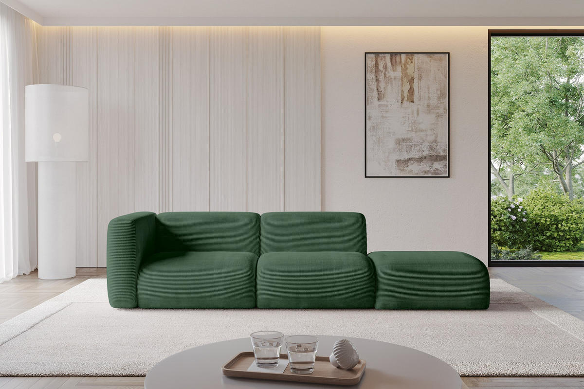 SOFA Ottomane Links MIRA-S3 296x89x70 Grün Cord - Salbeigrün/Schwarz, Holzwerkstoff/Kunststoff (296/70/89cm) - ALTDECOR