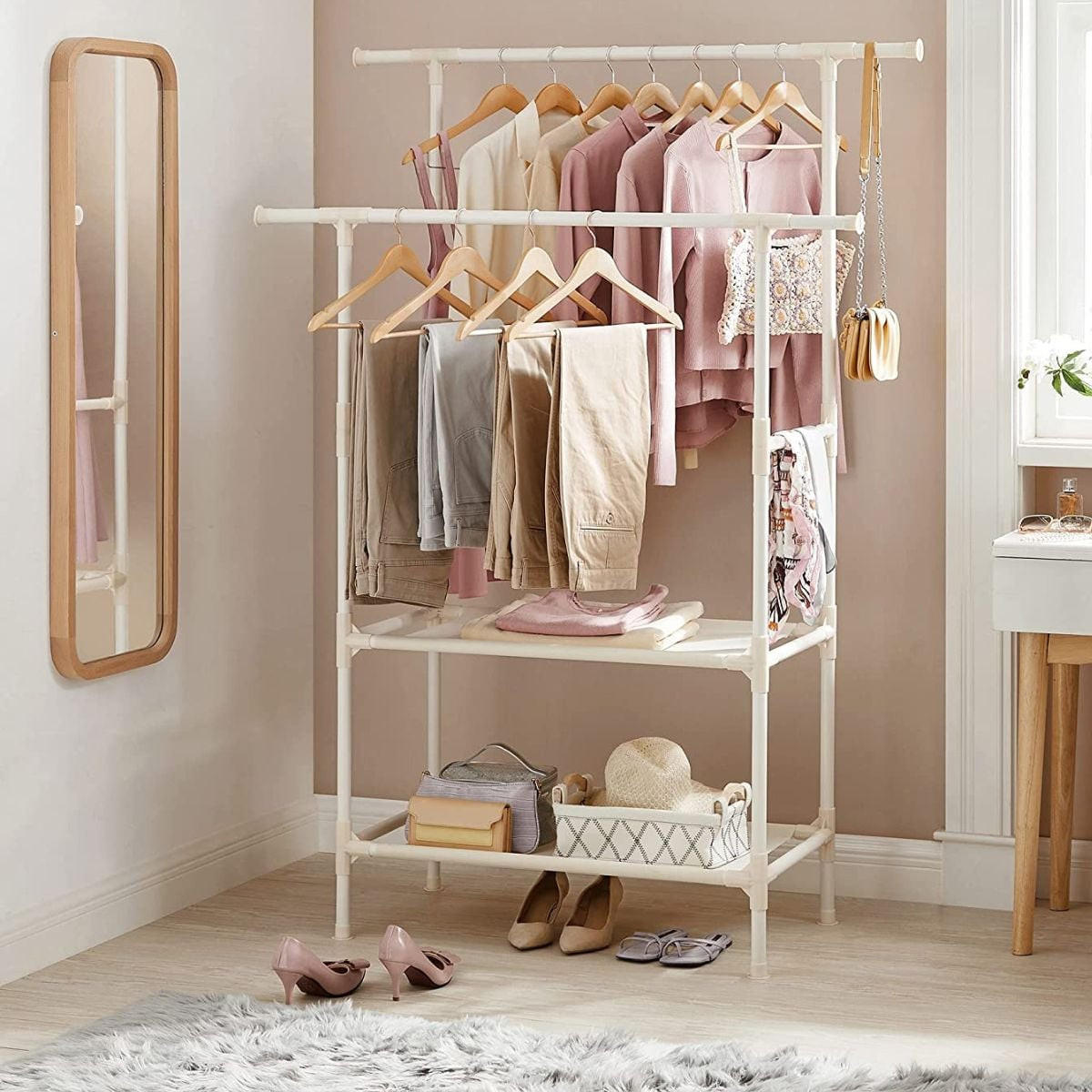 KLEIDERSCHRANK mit 2 Kleiderstangen und 2 Regalen Weiß - Weiß, Metall (47/176/114cm) - Calicosy