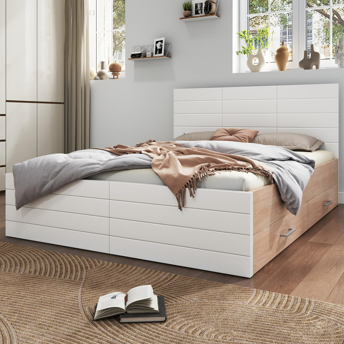 POLSTERBETT aus Massivholz und MDF 180x200 cm in Weiß mit 2 Schubladen - Weiß, Holzwerkstoff (180/200cm) - Modfu