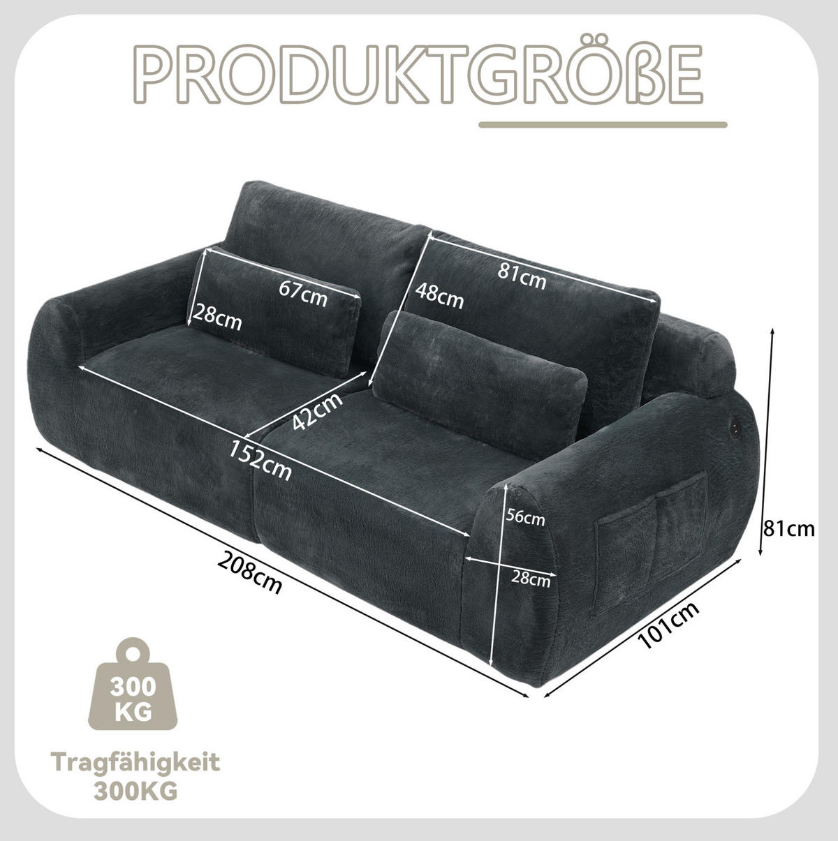 2-SITZER Sofa mit USB-Ladefunktion und Seitentasche Grau - Grau, Kunststoff (208/81/101cm) - Meubliv
