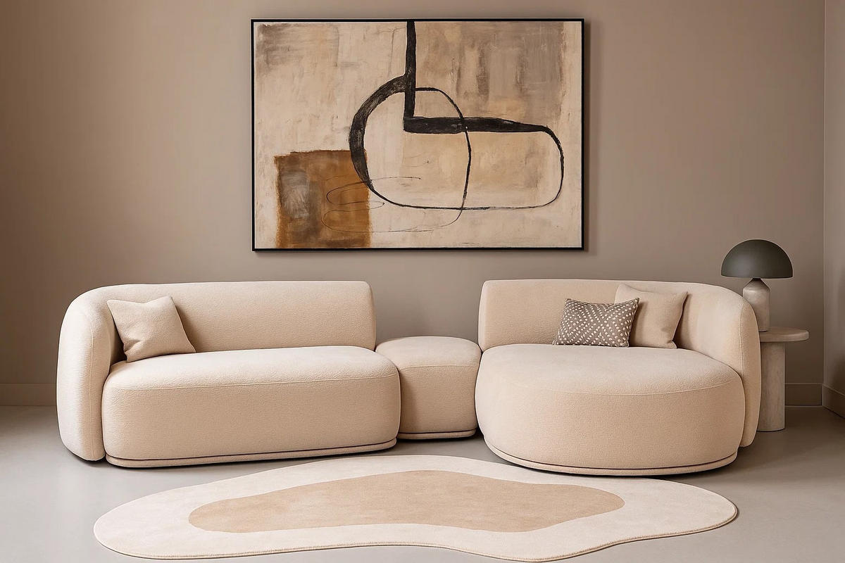 ECKSOFA Nobis Beige, Modulares Sofa mit abgerundeter Seite und Dreieckspouffe, rechte seite - Beige, Holzwerkstoff/Textil (357/147cm) - Bettso