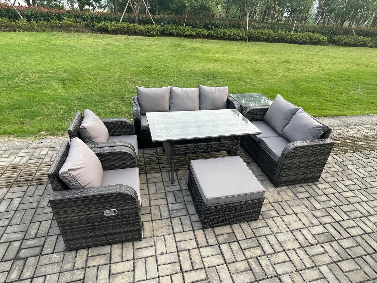 GARTENMÖBELSET mit Esstisch,Zweisitzer,Hocker,Beistelltisch Polyrattan Dunkelgrau 8-Sitzer - Dunkelgrau/Grau, Glas/Kunststoff - Fimous