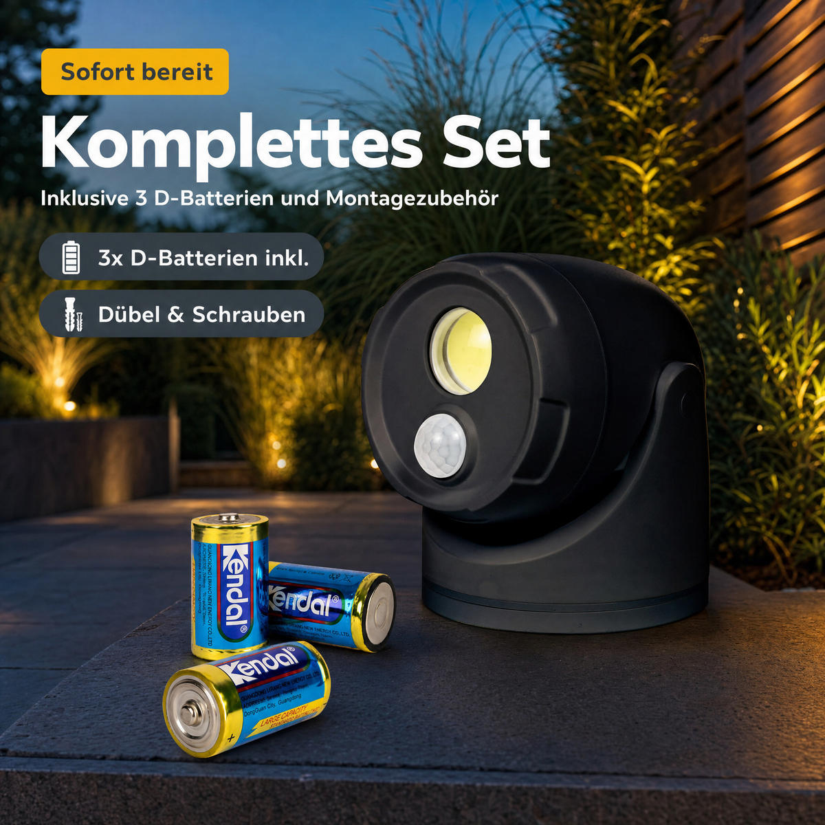 LED-BATTERIE-SPOT-STRAHLER - mit Bewegungsmelder und Erdspieß für Außenbereich, 3er-Set D-Batterien inklusive - Schwarz, Kunststoff (10.9/10.9/17cm) - Northpoint