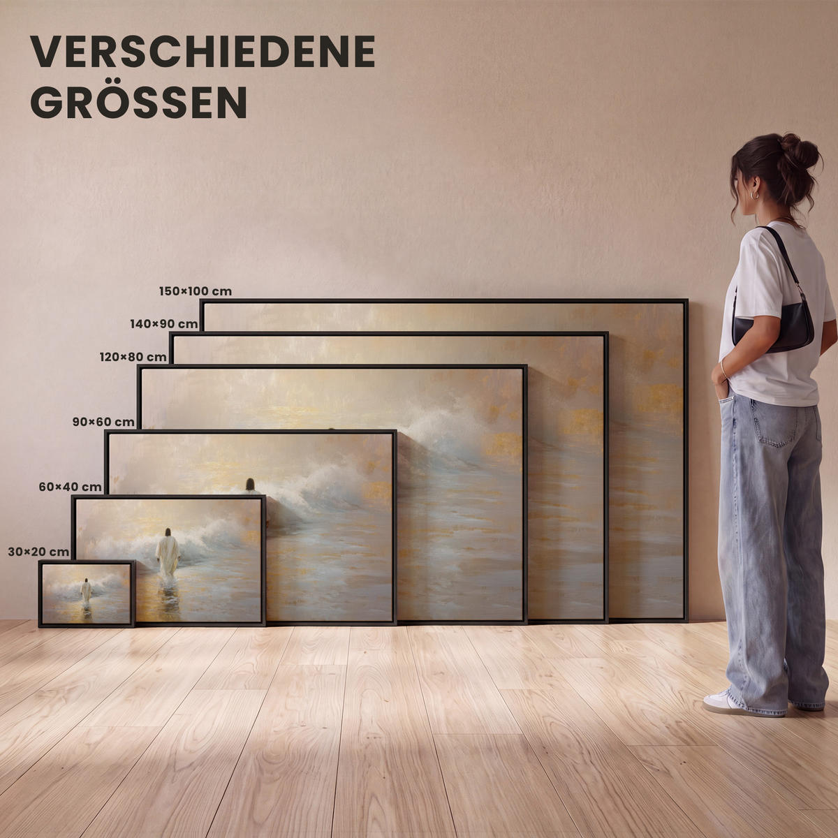 LEINWAND Bilder mit Rahmen - Gemälde - Welle - Jesus - Abstrakt - 140x90 - Goldfarben, Textil (140/90cm) - MuchoWow