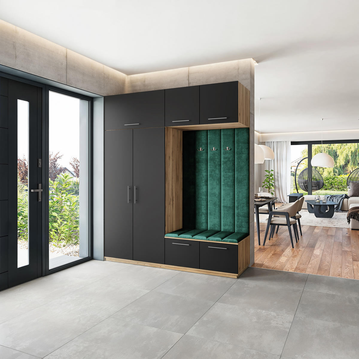 GARDEROBENSCHRANK REMA 200/240/60 cm Modern Garderobe-Set Eiche Wotan - Eiche Wotan/Schwarz, Holzwerkstoff (200/240/60cm) - MASSENO