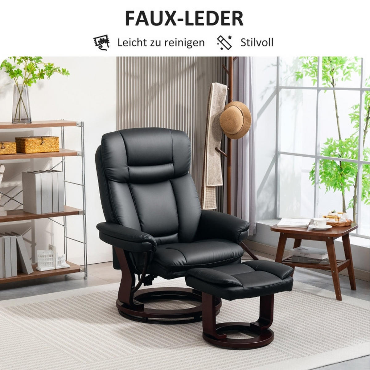 RELAXSESSEL mit Hocker Kunstleder 360° drehbar, bis 130° neigbar 86/83/107 cm Schwarz - Schwarz, Kunststoff (83/107/86cm) - Redom