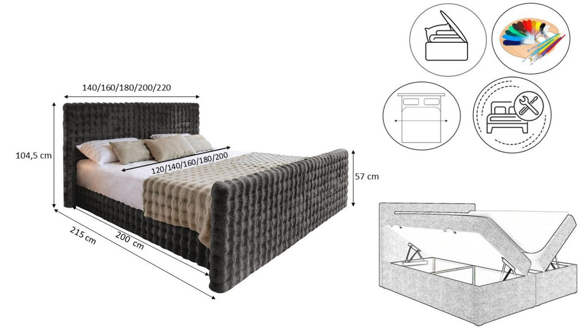 BOXBETT Mit Bettkasten, Matratze Und Topper BLANKET Stoff Bubble 120x200 cm Graphit H2-Pocket - Graphitfarben, Holz/Textil (120/200cm) - Kaiser Möbel