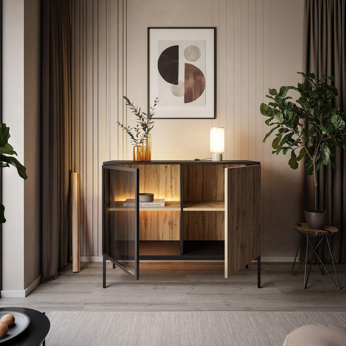 KOMMODE ECLIPSE K104 mit Beleuchtung,Schwarz Eiche Wotan - Eiche Wotan, Holzwerkstoff (104/83/39cm) - Lookway