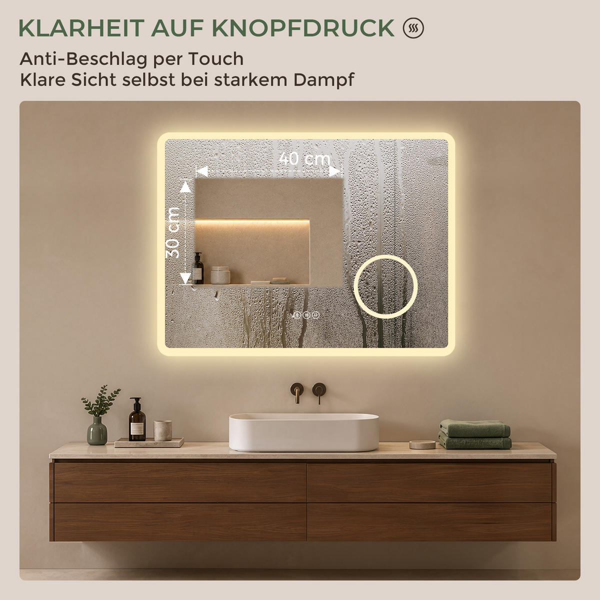 BADSPIEGEL mit Beleuchtung 60/80 cm rechteckig LED, Bluetooth, Vergrößerungsspiegel, Antibeschlag - Transparent, Glas (80/60/3.5cm) - S'AFIELINA