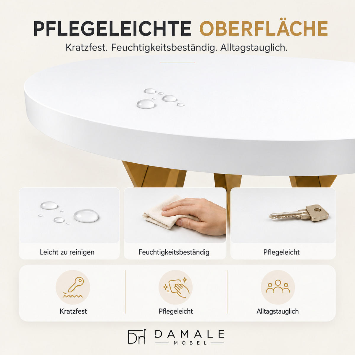 ESSTISCH rund ausziehbar 110/310/76 cm, Weiß, 54 cm Tischplatte + Lamellen-Metallgestell Gold - Goldfarben/Weiß, Holzwerkstoff/Metall (110/310/76cm) - Damale Möbel