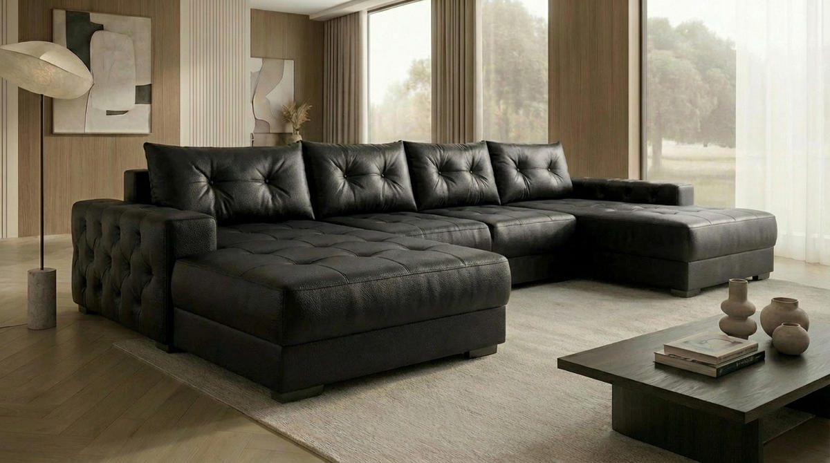 ECKSOFA MODENA 320 cm x 185 cm – Stoff: ECO CAYENCE Schwarz 1114 Farbe: Schwarz - Schwarz, Textil (320/185cm) - A&J MöbelLand