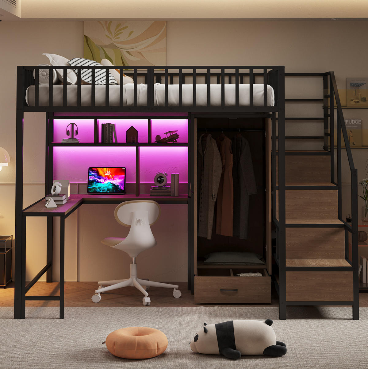 HOCHBETT 140/200 cm aus Metall/MDF mit Schreibtisch, Kleiderschrank, LED und Ladefunktion Schwarz - Schwarz, Metall (140/200cm) - Modenvie