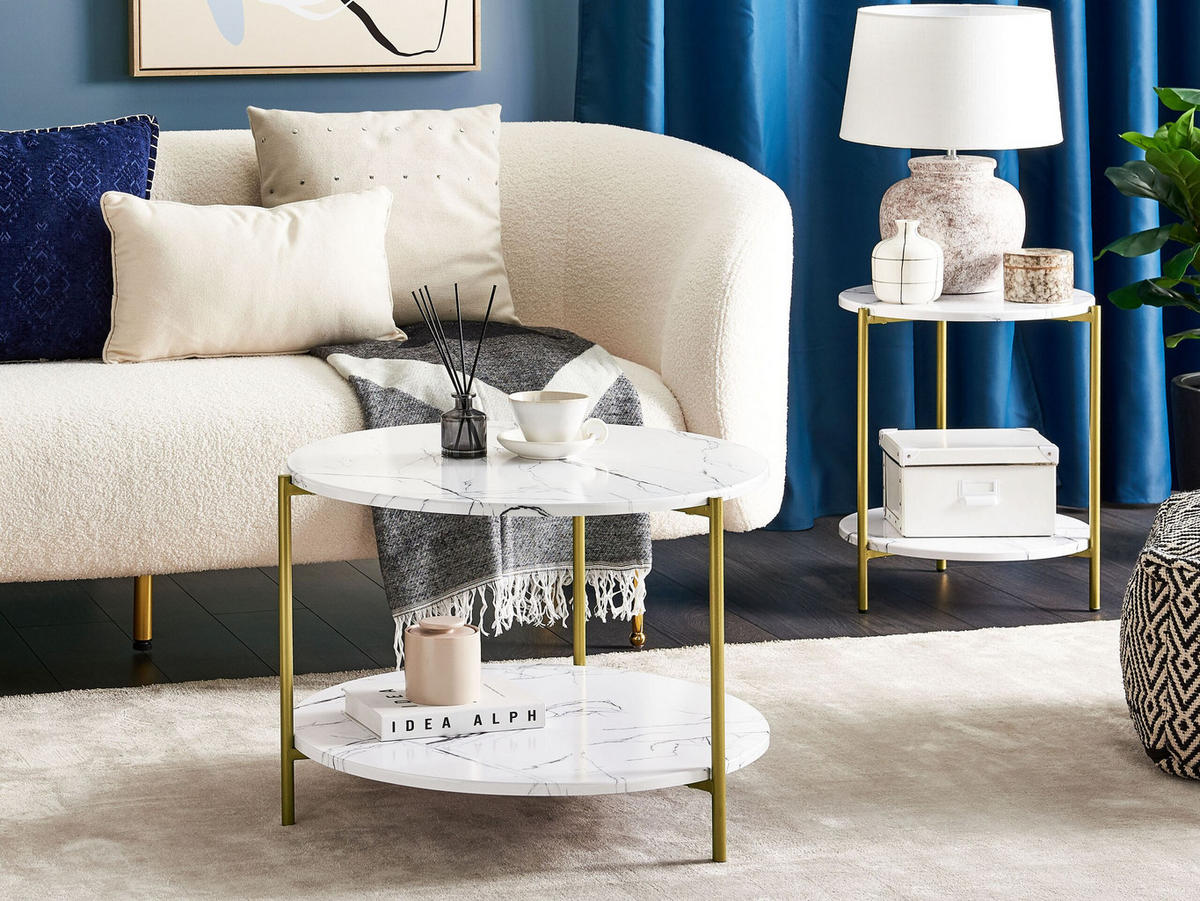 COUCHTISCH Marmor Optik weiß/gold 60 cm Reva - Goldfarben/Weiß, Holzwerkstoff (60/60/45cm) - Beliani