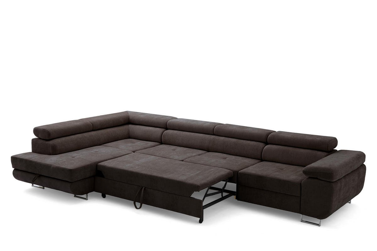 ECKSOFA WILD MAXI L Links mit Schlaffunktion 125x195 Chenille Dunkelbraun - Chromfarben/Dunkelbraun, Holz/Textil (350/203cm) - Muffo