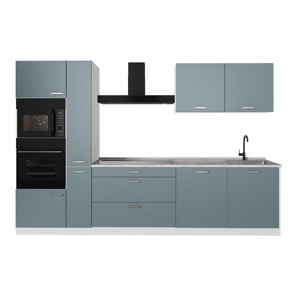 KÜCHENZEILE R-Line, Blau-Grau/Weiß, 310 cm Arbeitsplatte Marmor - Blaugrau/Weiß, Holzwerkstoff (310/206.8/60cm) - Vicco