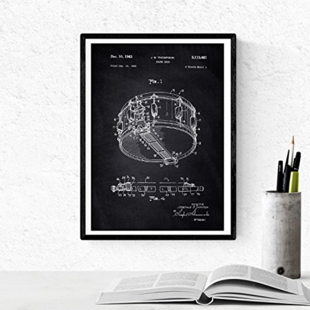 POSTER Set mit 4 Schwarz Patent für Musikinstrumente A4 Schwarzer Rahmen - Schwarz, Papier (29.7/3cm) - Nacnic