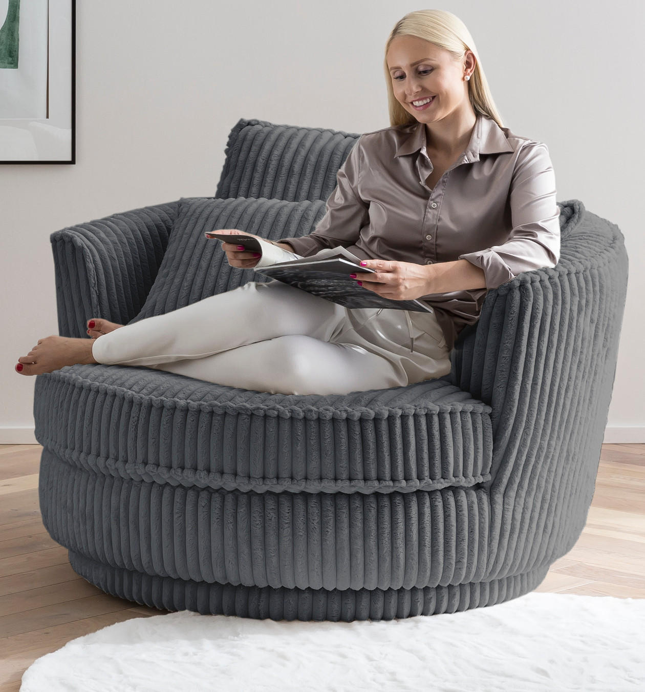 Thumbnail - Furn.Design Big-Sessel, Grau, Textil, Teilmassiv,Kiefer, Uni, 1-Sitzer, Füllung: Komfortschaum, Rund, 120x86x120 cm, Woh...