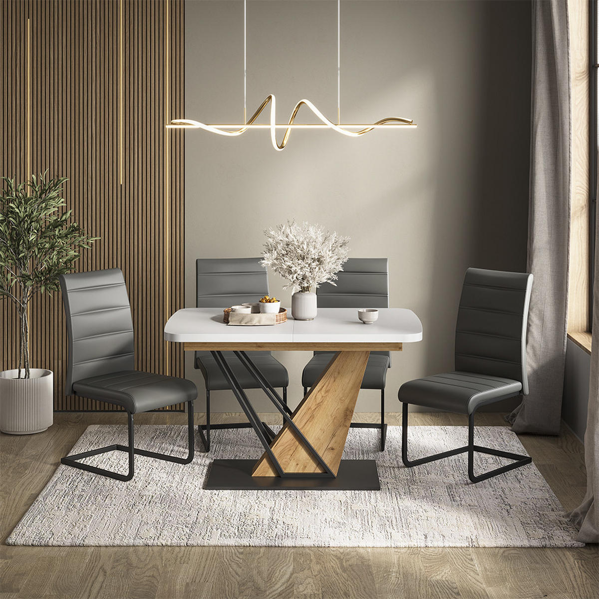SÚPRAVA JEDÁLENSKÉHO STOLA Fenaro, biely/Dub Goldkraft, 120 x 80 cm so 4 jedálenskými stoličkami, šedé - biela/dub medový, kompozitné drevo (120/76/80cm) - Vicco