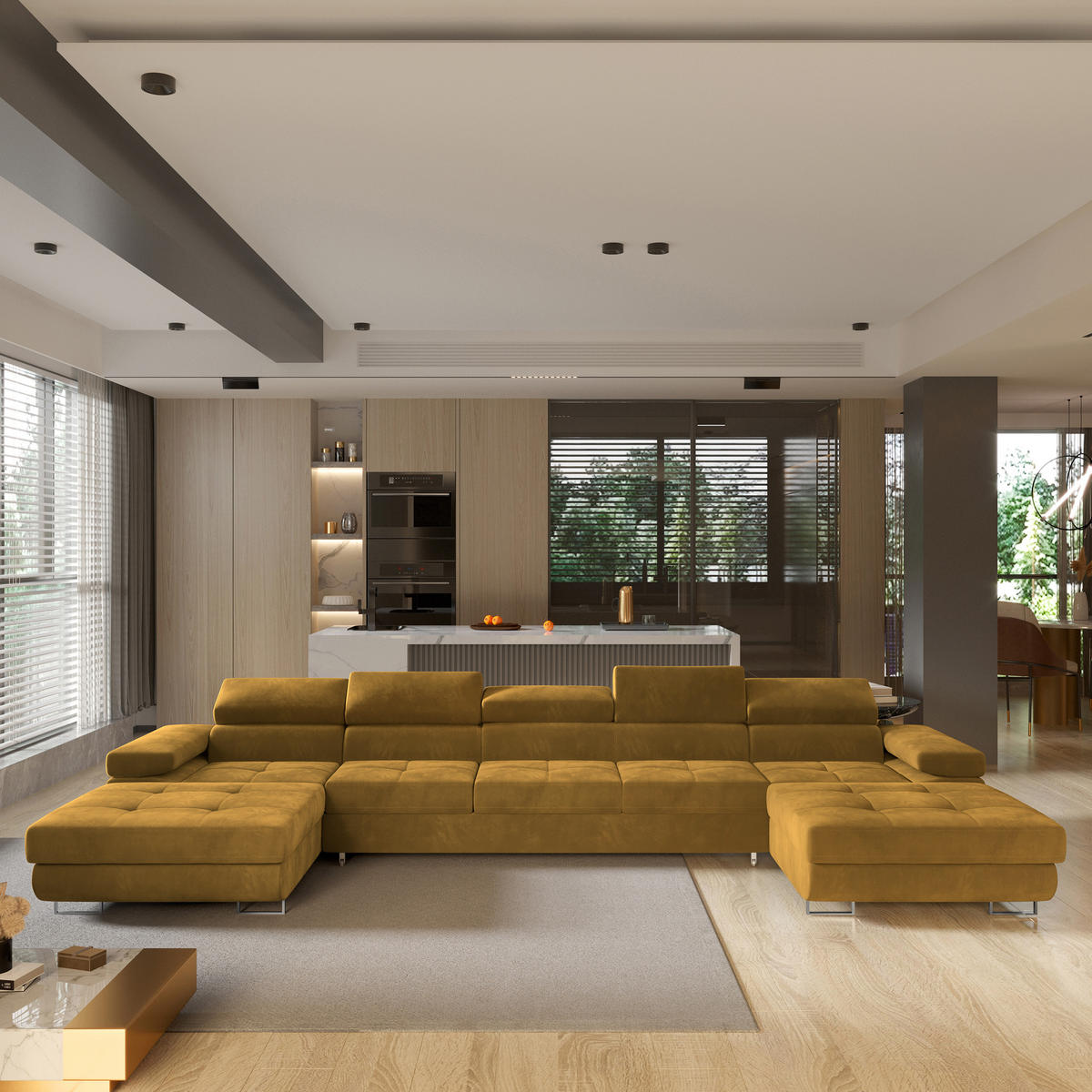 ROHOVÁ SEDAČKA OMBRA žlutá - stříbrná/žlutá, kov/dřevo (425/202cm) - MASSENO