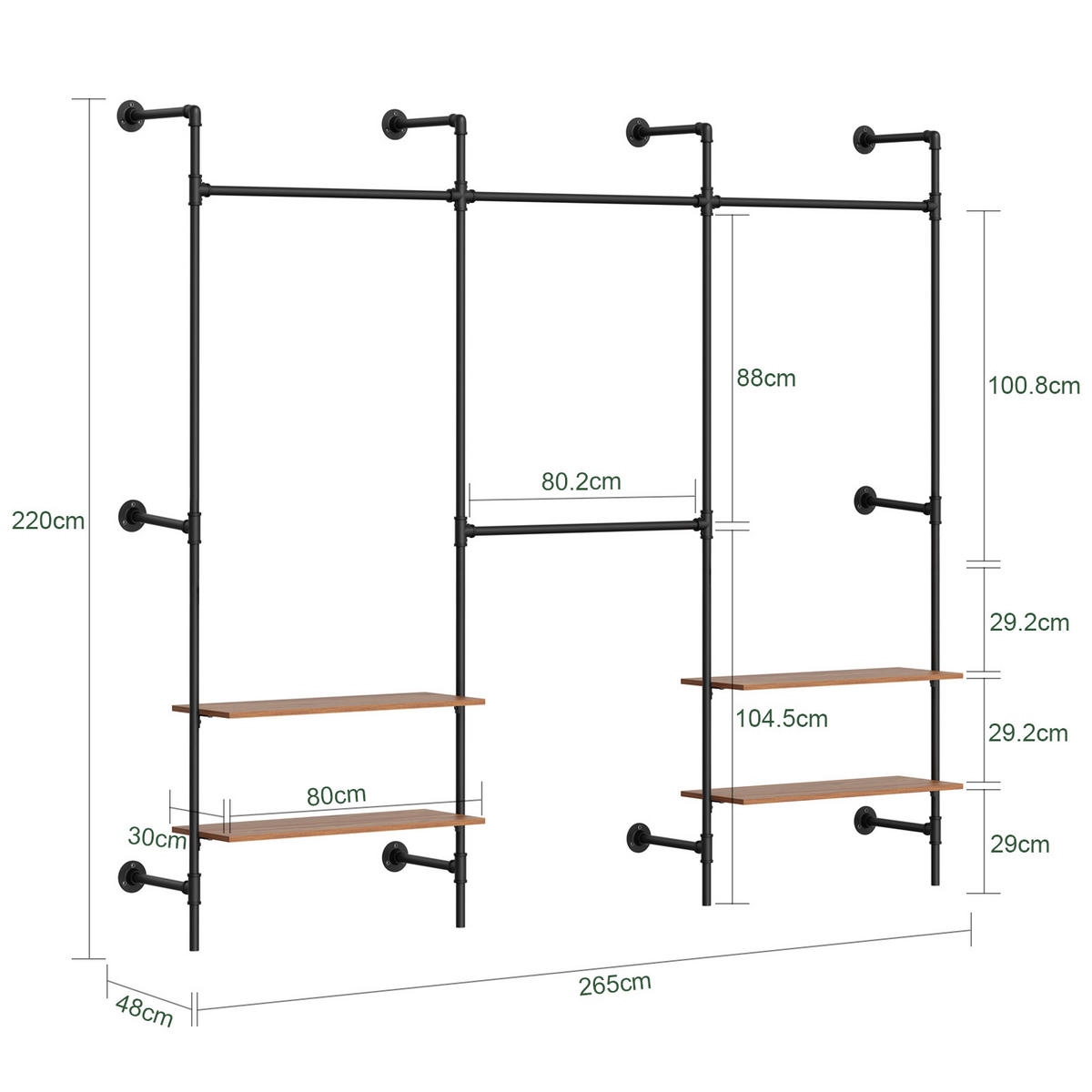 KLEIDERSTANGE mit 4 Regalböden, 120kg Tragkraft, 265x48x220cm - Schwarz, Metall (265/220/48cm) - SoBuy