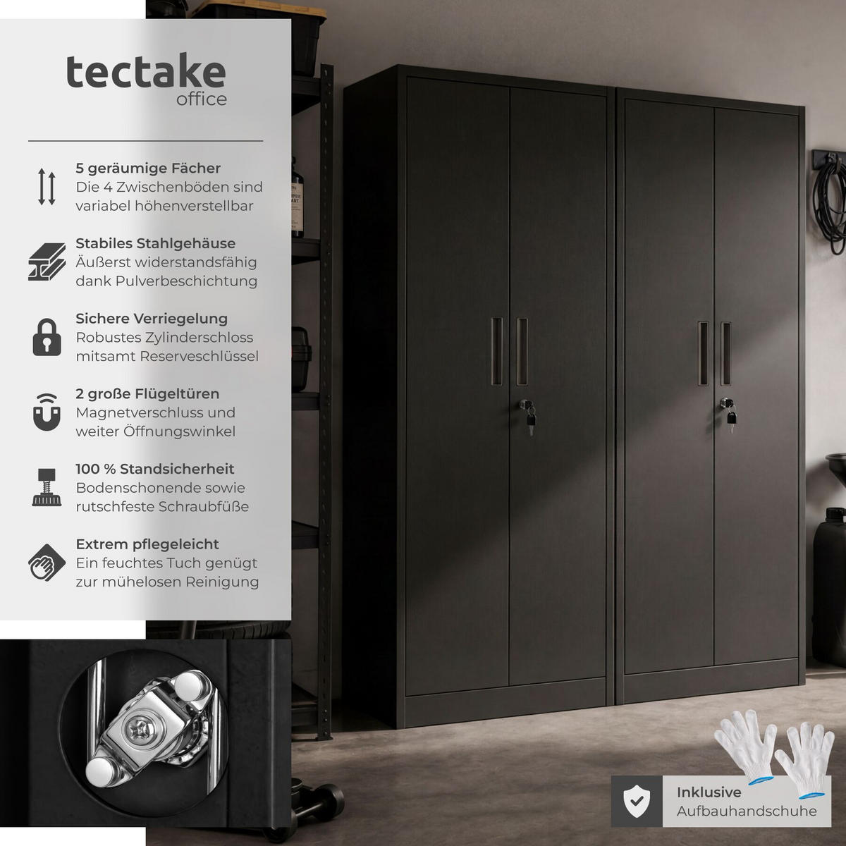AKTENSCHRANK Brandon, Kippschutz, höhenverstellbare Füße, schwarz - Schwarz, Metall (60/180.5/40cm) - tectake