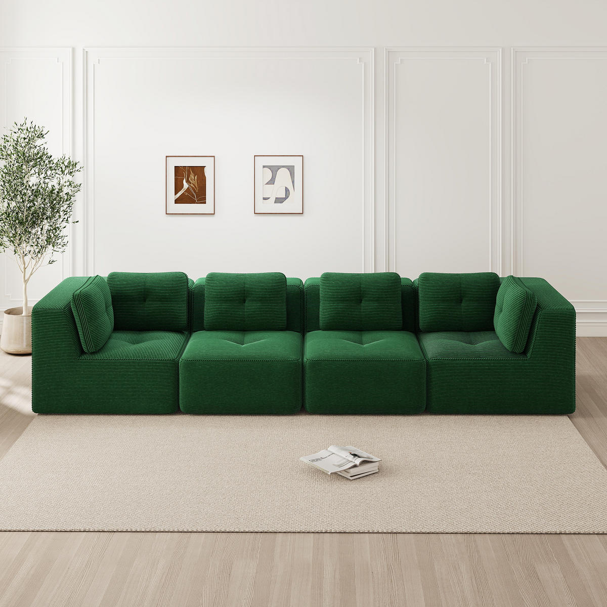 4-SITZER Sofa 386x104x69 cm aus Cordstoff rahmenlos modular, grün - Grün, Textil (104/69/386cm)