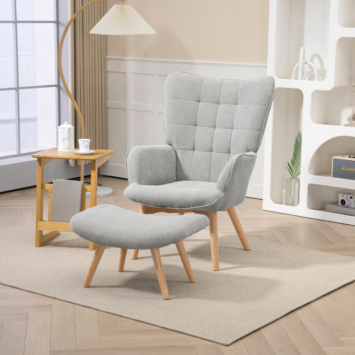 OHRENSESSEL mit Hocker, Relaxsessel, Polstersessel in Cord-Optik, mit Holzbeine - Grau, Holz (72/101/80cm) - HOMCOM