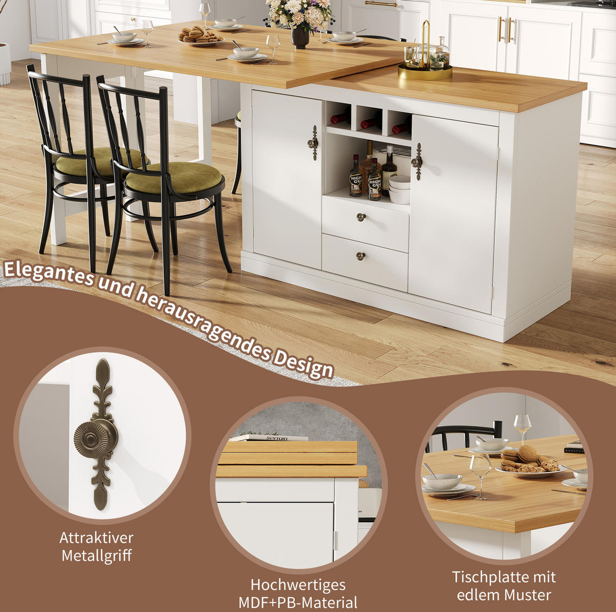 BARTISCH 120-180/40/76 cm ausziehbar mit Stauraum und 360°-Drehfunktion - Naturfarben, Holzwerkstoff (40/180/76cm) - BEAOK